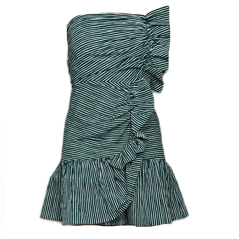 Sandro Teal Blue Striped Crepe Ruffled Mini Dress